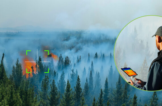 UAV drone flying over forest fire with smoke in mountainous region